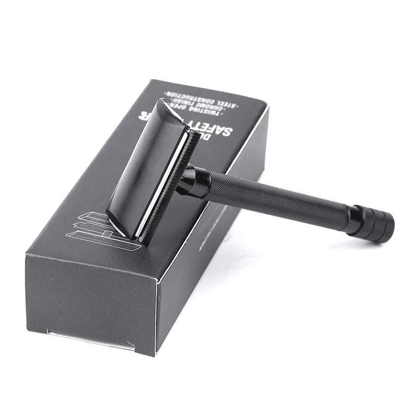 Traditional manual shaving razor set with metal scraper and matching barber brush