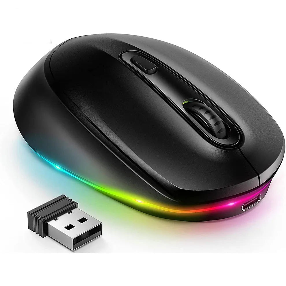 Lightweight wireless mouse for laptops in blue, showing ergonomic shape and USB charging cable.