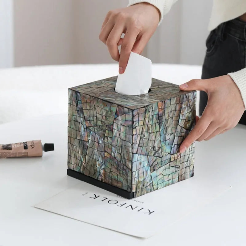 Natural shell decorative storage box in black with modern design for tissue organisation