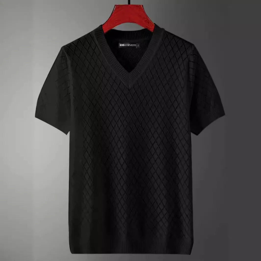 Men's black and white ice silk V-neck and round neck short sleeve t-shirt on a hanger.