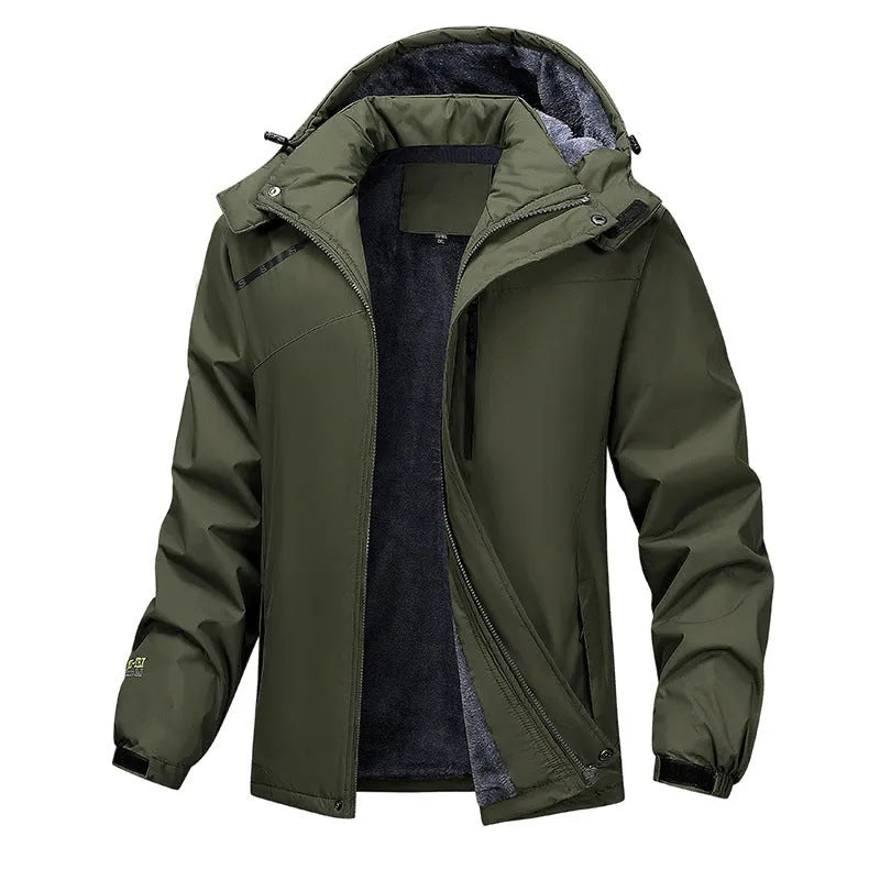 Men's plus size waterproof hooded coat in army green, black, dark grey or white colours