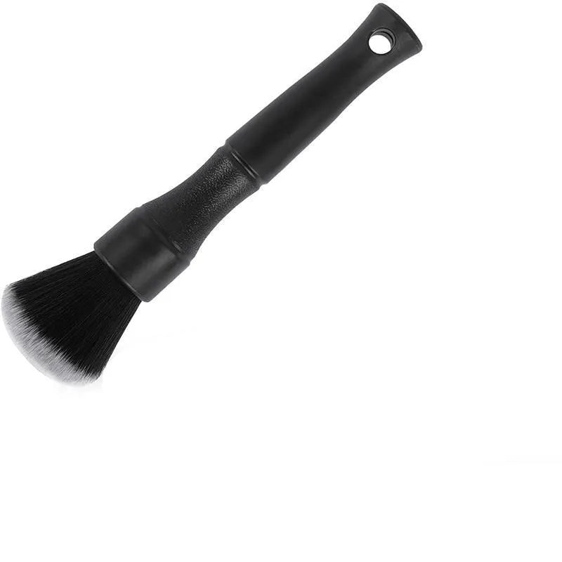 Black car detailing brush with super soft pig hair bristles for interior cleaning, shown in two size options