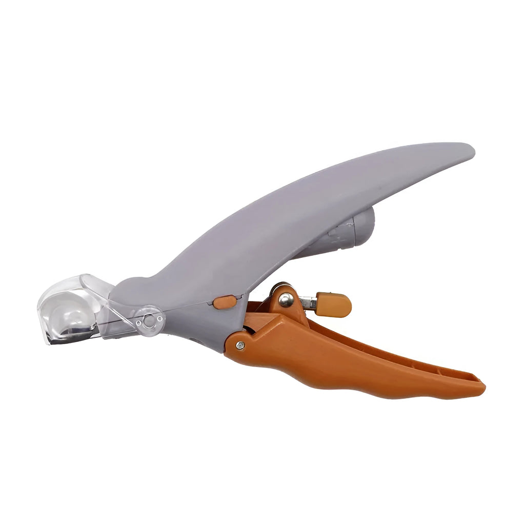 Yellow LED pet nail trimmer with magnifying glass, showing the cutting head and ergonomic handle.