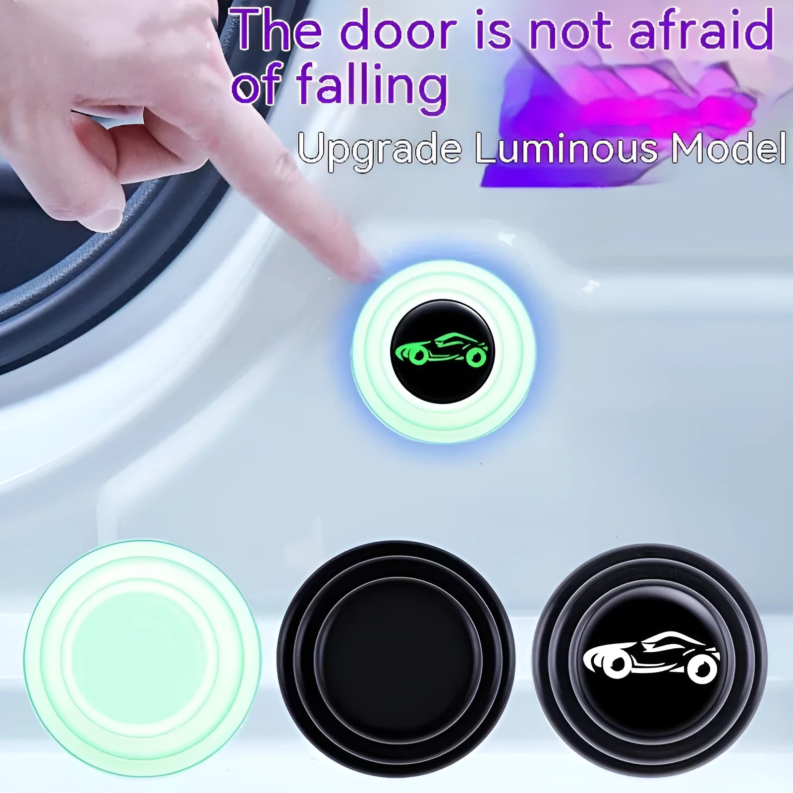 Silicone car door shock absorber pads in black and luminous styles, 20mm diameter, on car door edge.