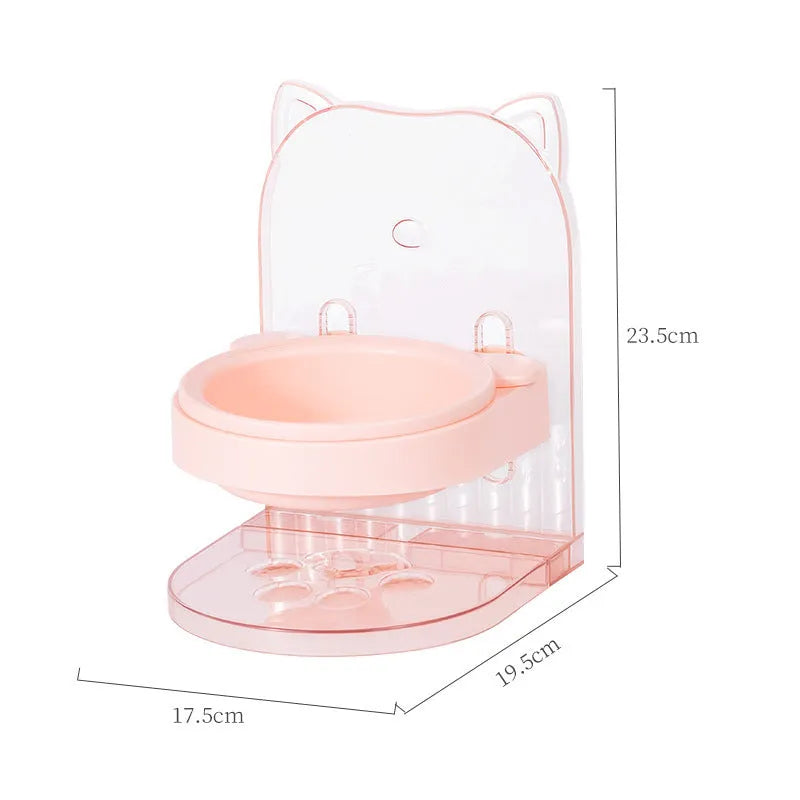 Grey and pink cat feeding bowls with anti-spill design, adjustable height, and removable hanging cage