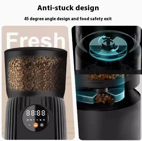 Intelligent automatic pet feeder with timer display and food reservoir in black or white colour options