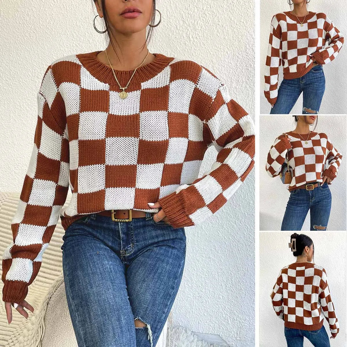 Dark brown plaid pattern acrylic pullover sweater with long sleeves and round neck