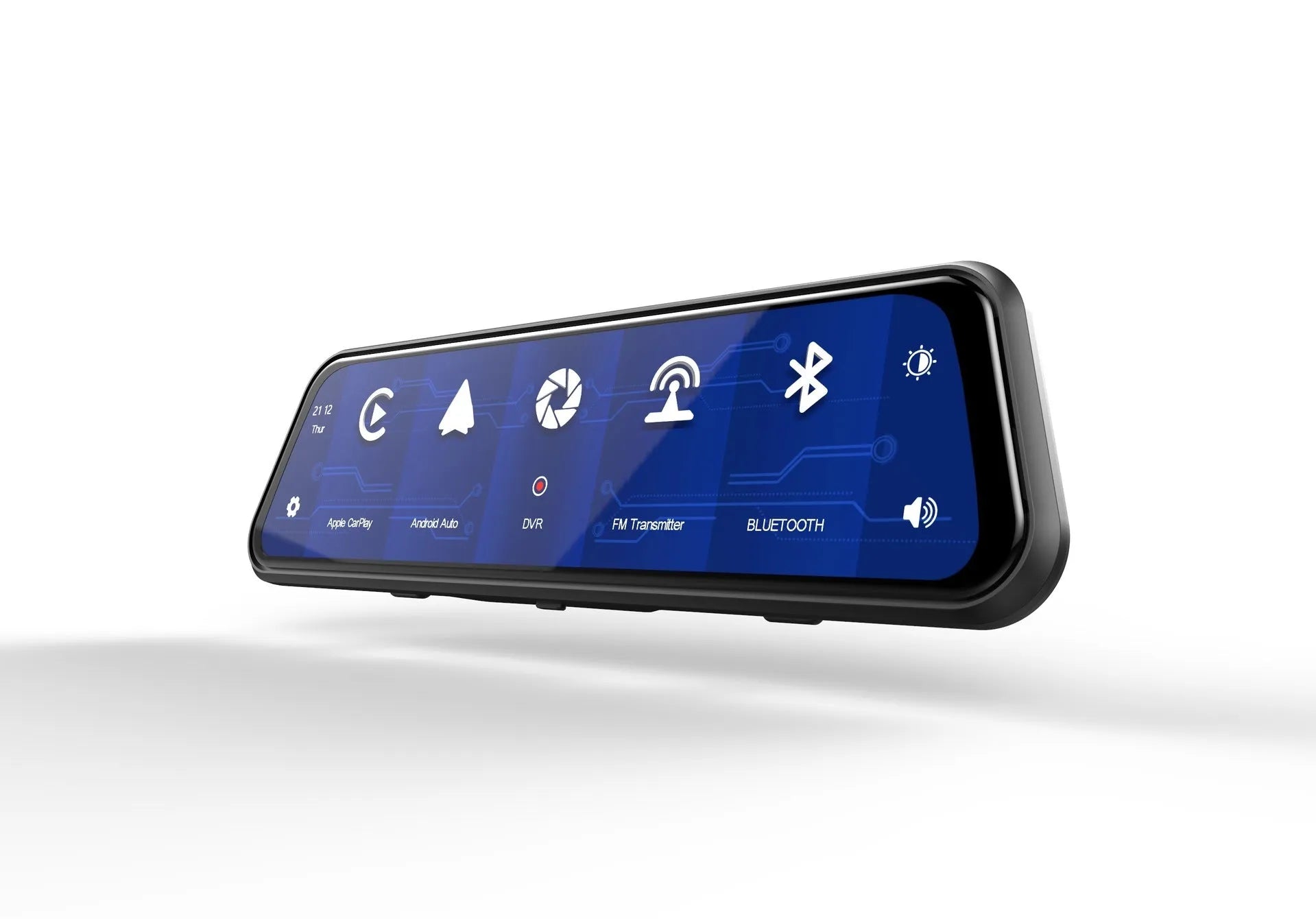 Black dual-lens driving recorder with 9.66-inch touch screen mounted on car rearview mirror.