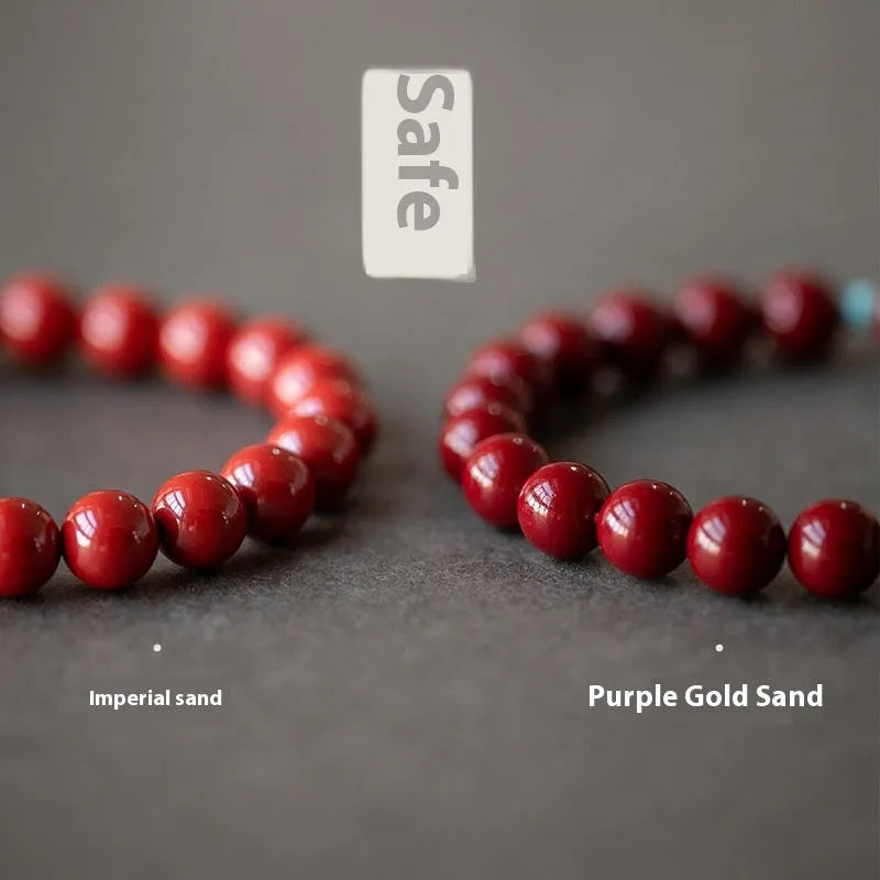 Purple gold sand cinnabar bracelet with geometric ellipse beads, shown in low and high purity content options.