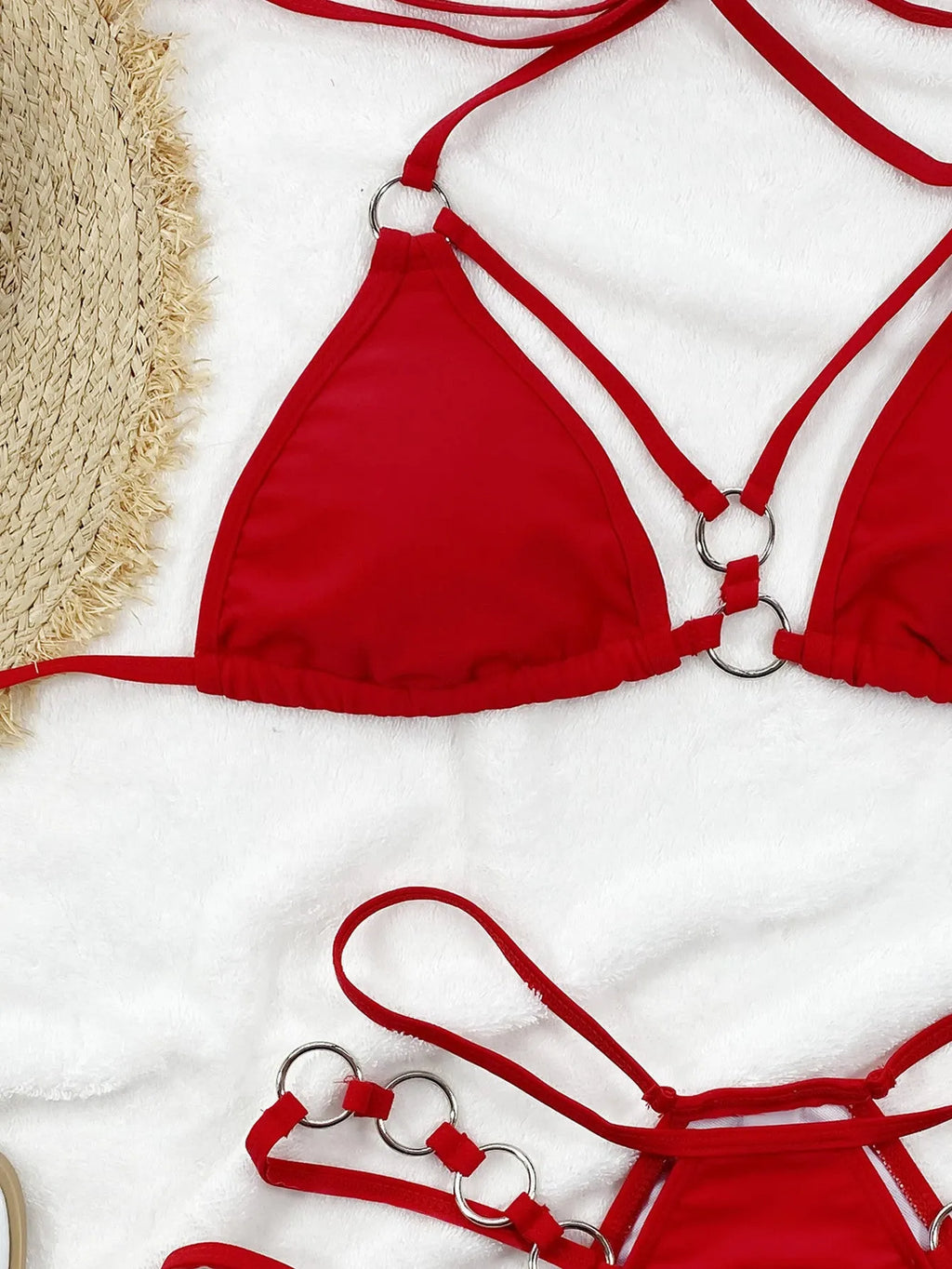 Women's pure colour nylon bikini set with shorts in red, black, brown, Rose Red, or sapphire blue.