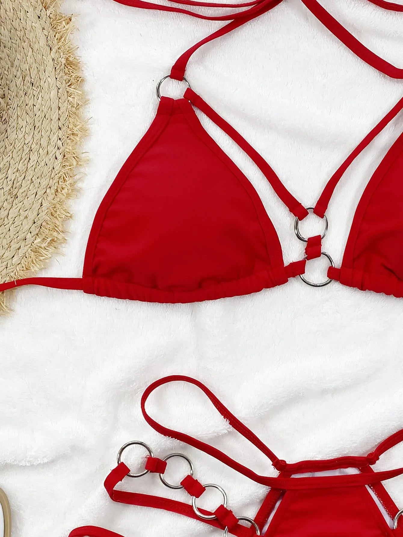 Women's pure colour nylon bikini set with shorts in red, black, brown, Rose Red, or sapphire blue.