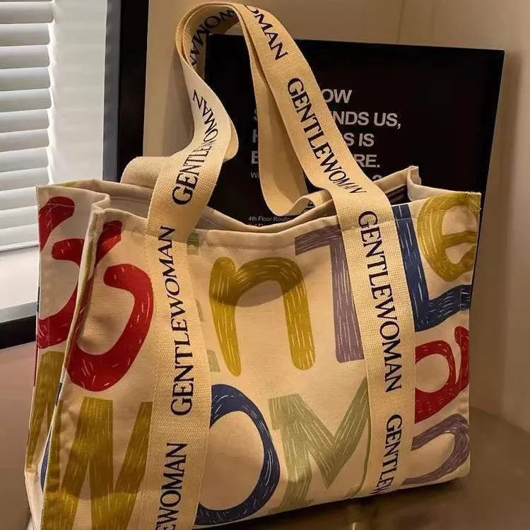Large canvas tote bag with printed letter or pattern design for women