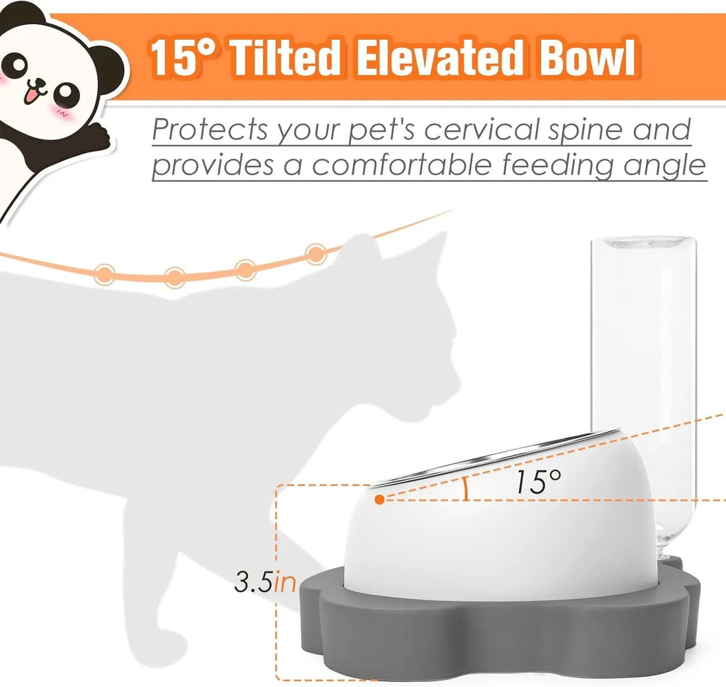 Grey panda-shaped elevated pet feeder with automatic water bottle and tilted food bowls