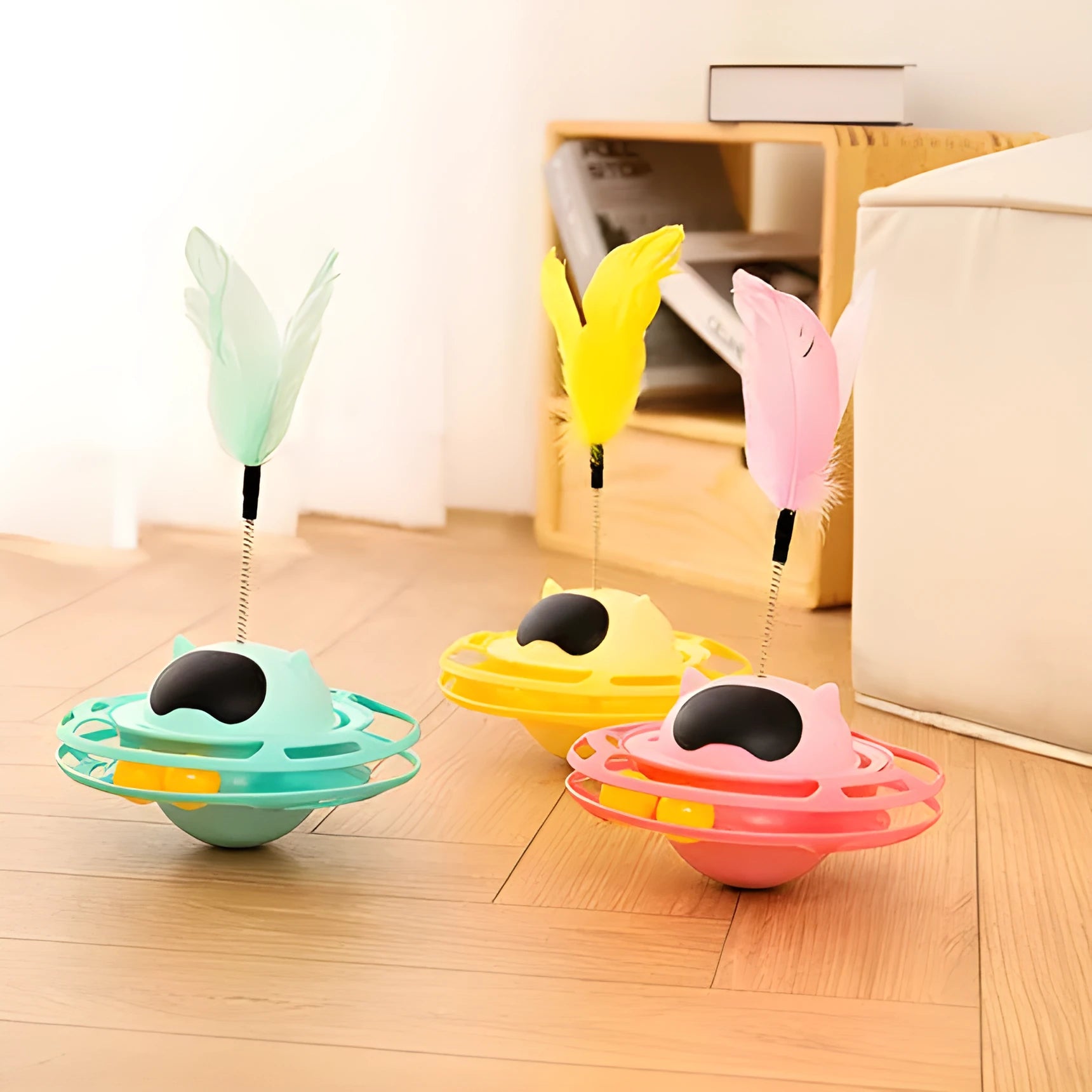 Pink self-hi tumbler cat toy with turntable design and cat stick for interactive pet play