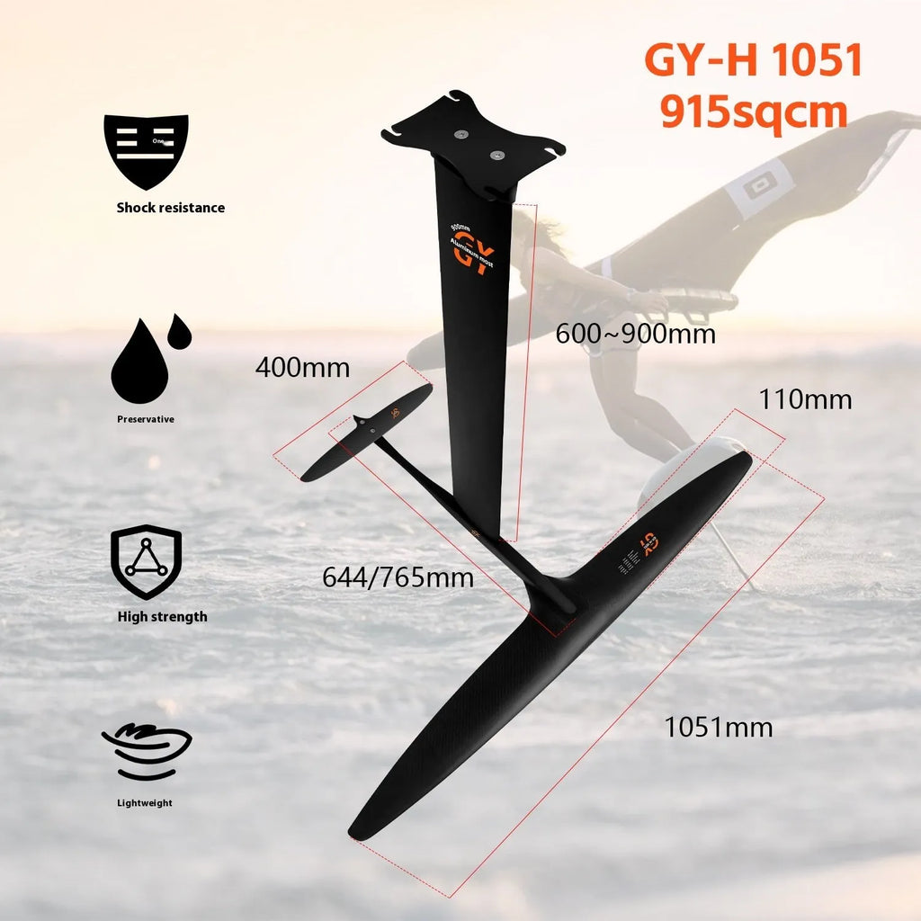 Black carbon fibre racing surf hydrofoil with aluminium alloy components and 1051mm front wing