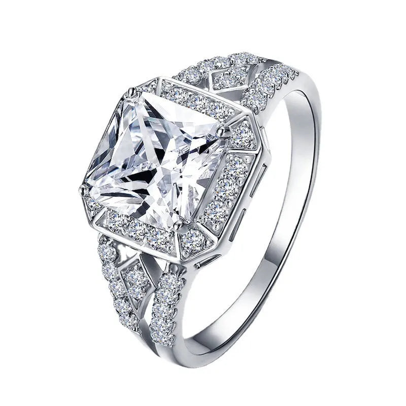 Women's geometric zircon ring with hollow quadrilateral design in platinum colour