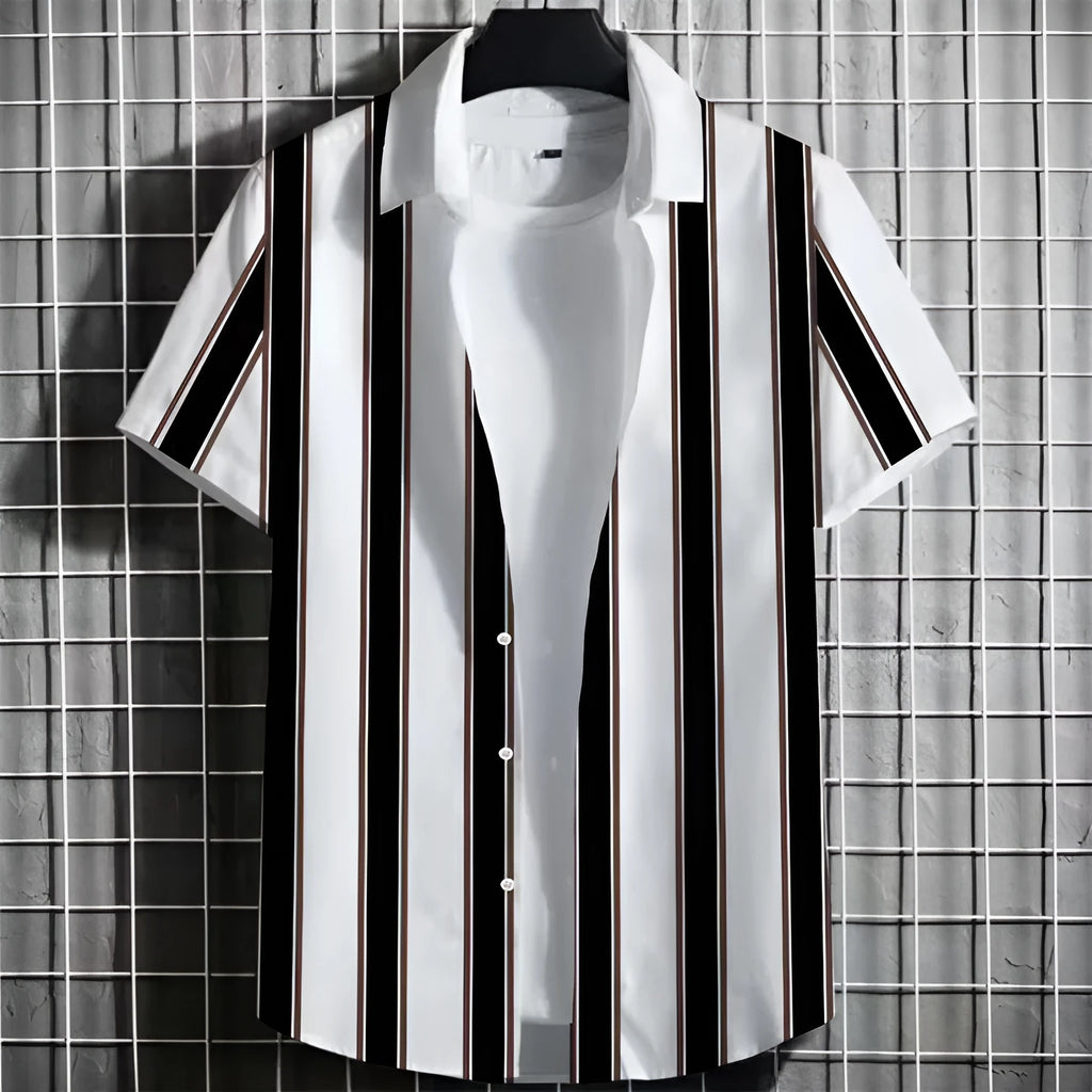 Men's linen T-shirt with 3D printed stripes on a simple striped background, short sleeve design