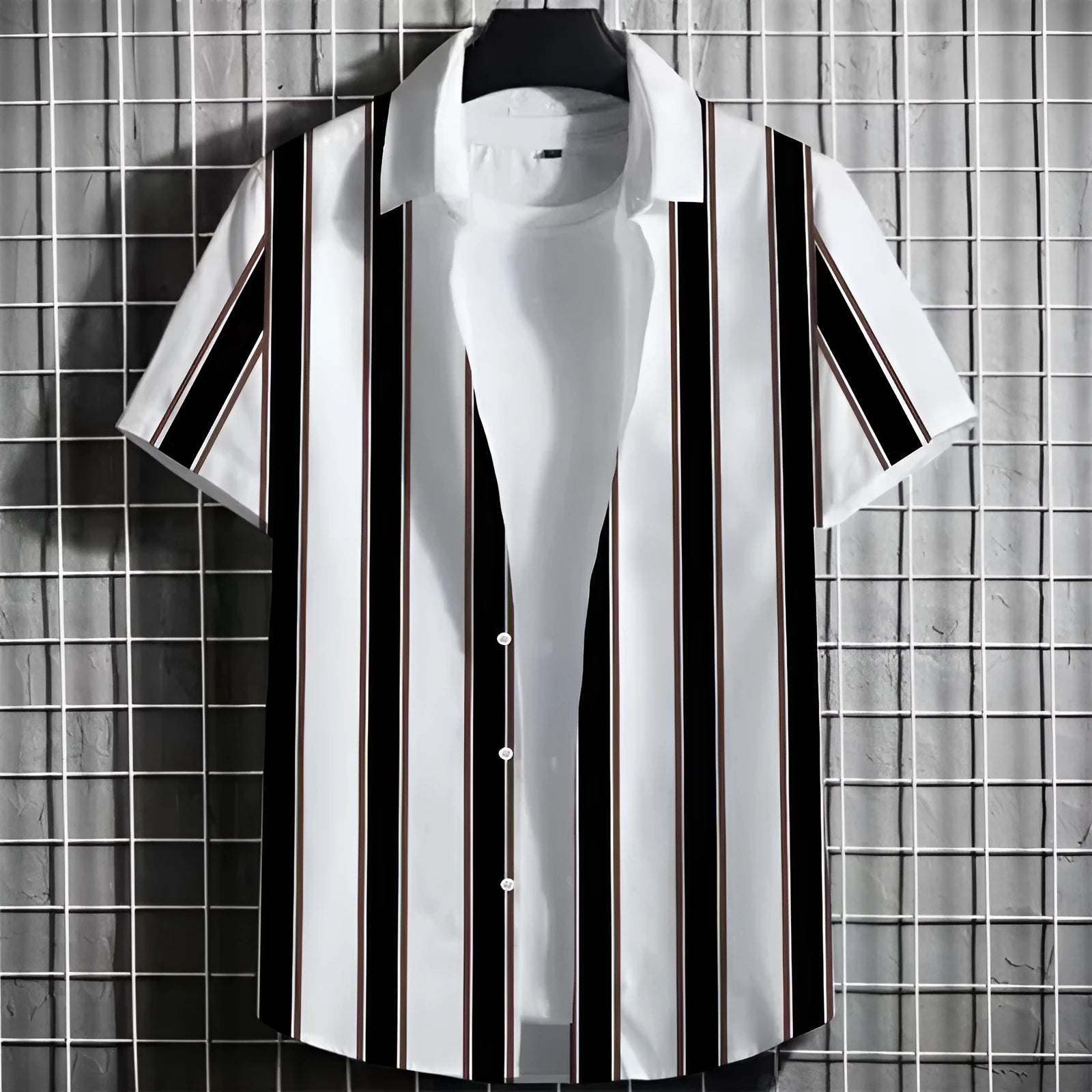 Men's linen T-shirt with 3D printed stripes on a simple striped background, short sleeve design