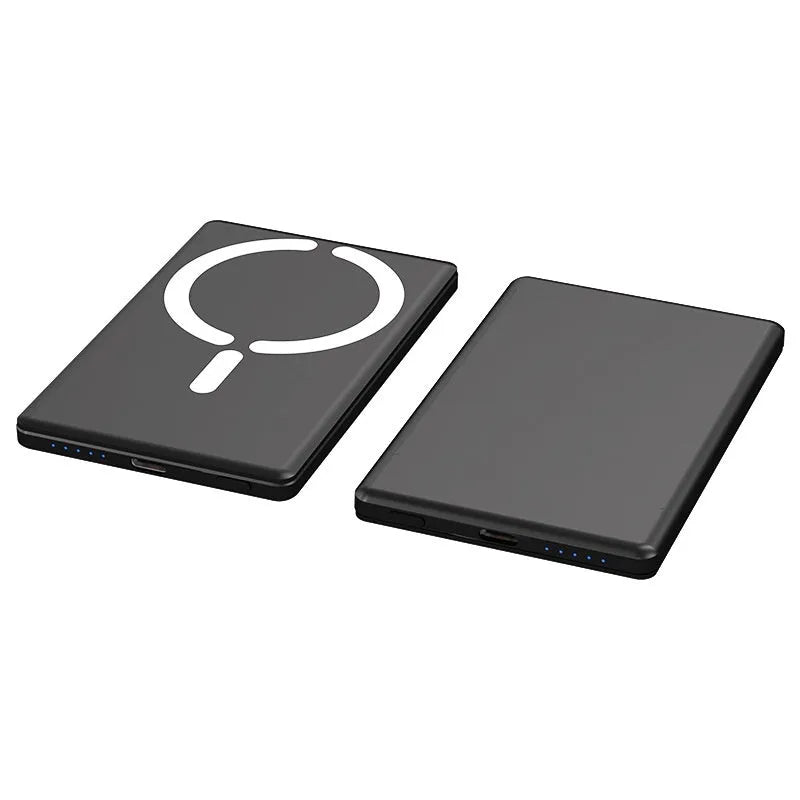 Ultra-thin magnetic power bank in alloy shell showing dark grey, silver, black and violet colour options