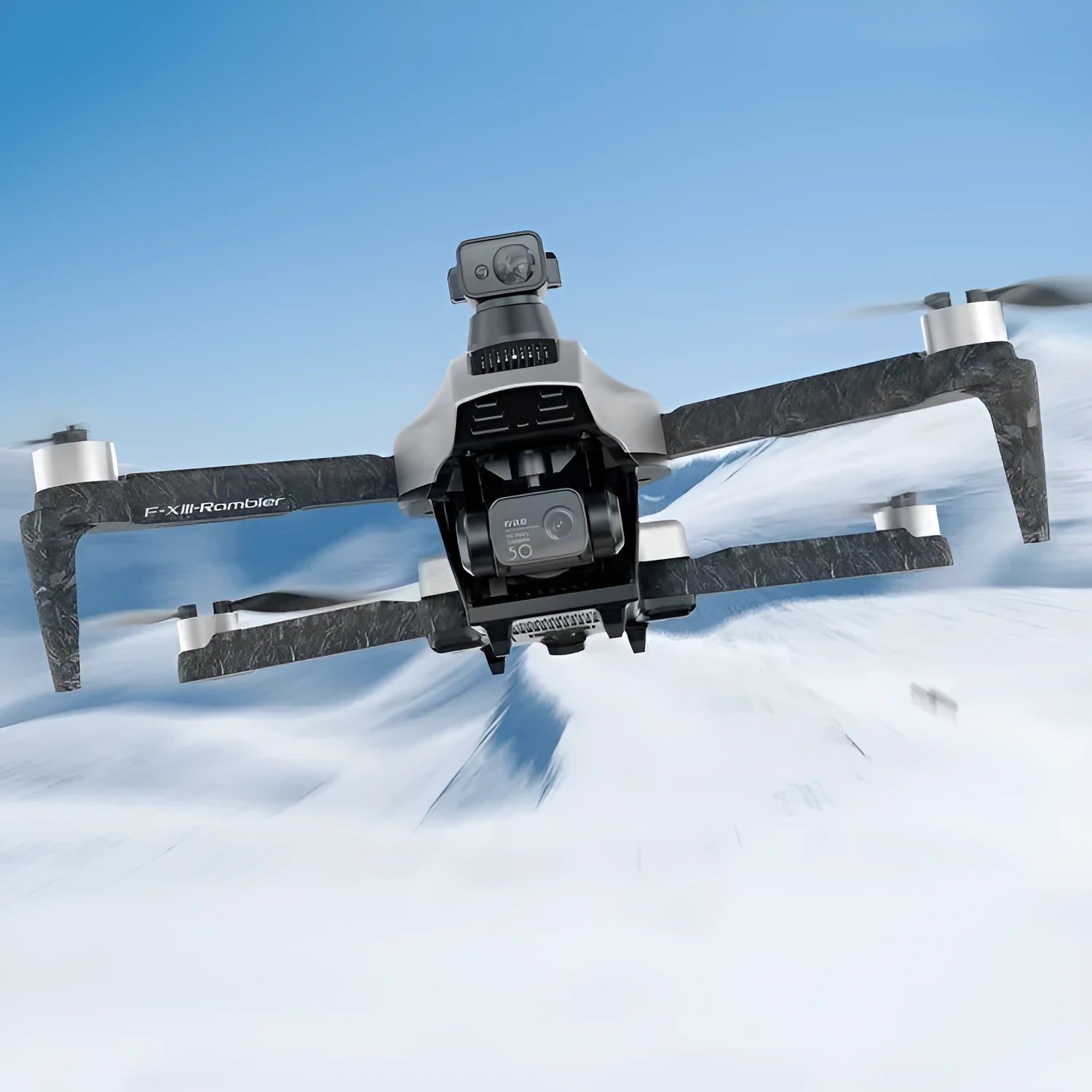 White folding quadcopter drone with 4K camera and obstacle avoidance sensors in unfolded position