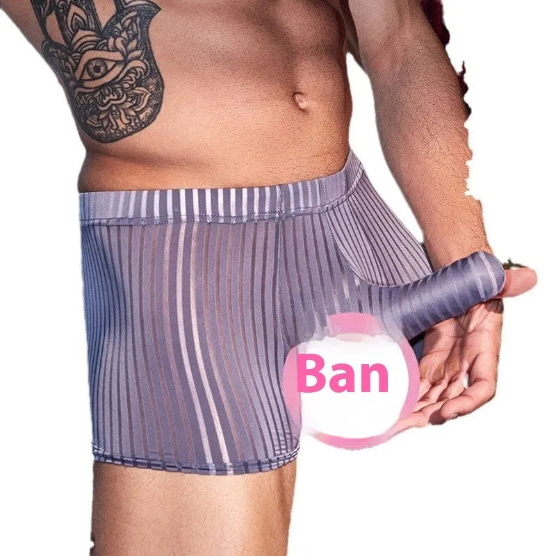 Men's black striped nylon boxer briefs showing vertical pattern and elastic waistband.