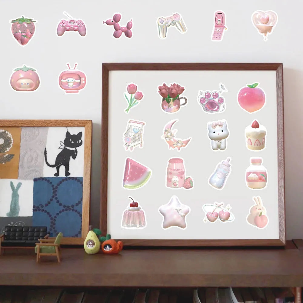 Pack of pink girl heart shaped 3D decorative stickers in a cute style on a light background.