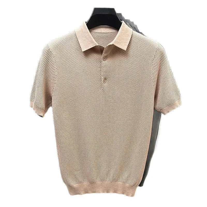 Men's loose fit short sleeve cotton pullover sweater in grey, shown on a model.