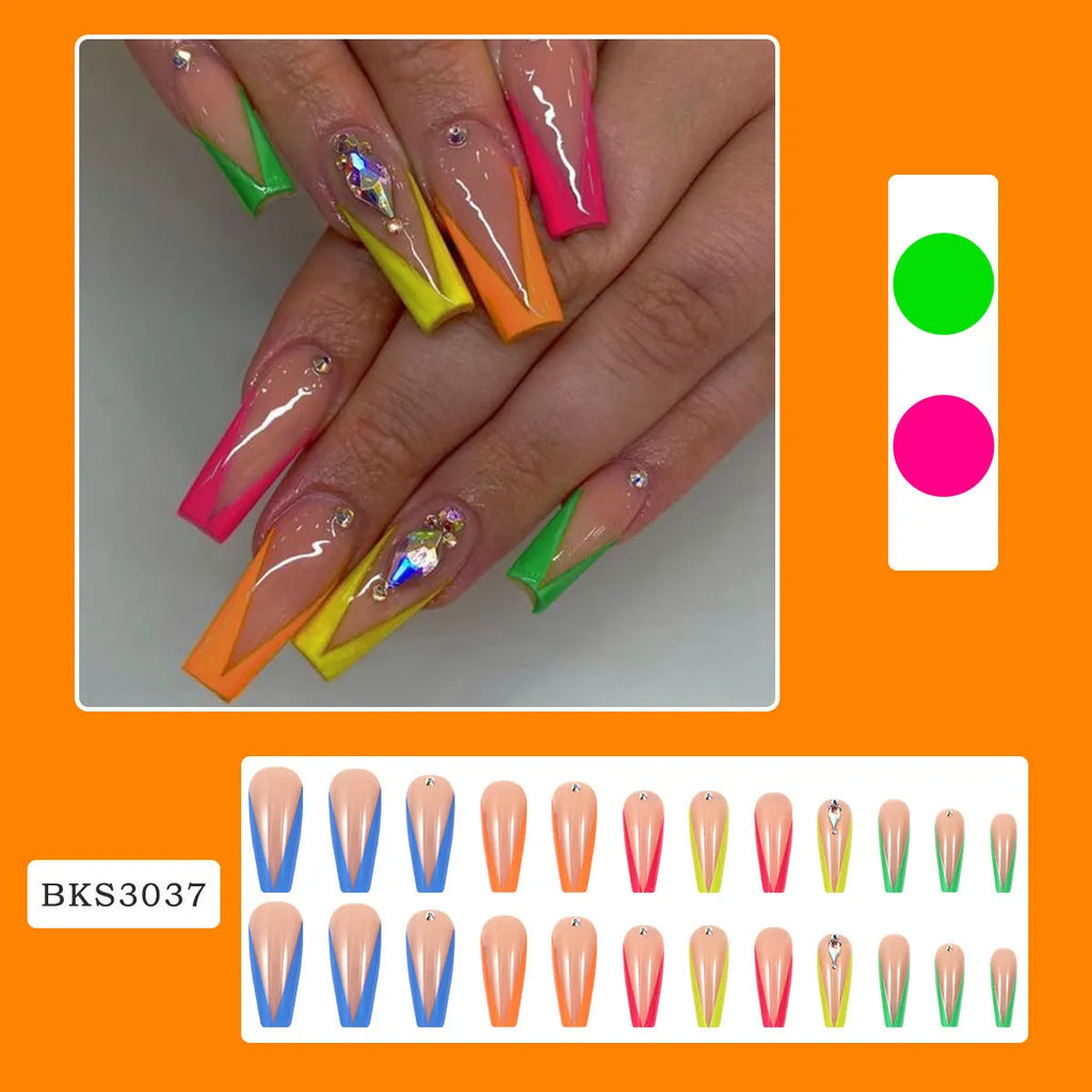 Detachable false nail tips with diamond colour French finish and red cartoon cross-heart pattern.