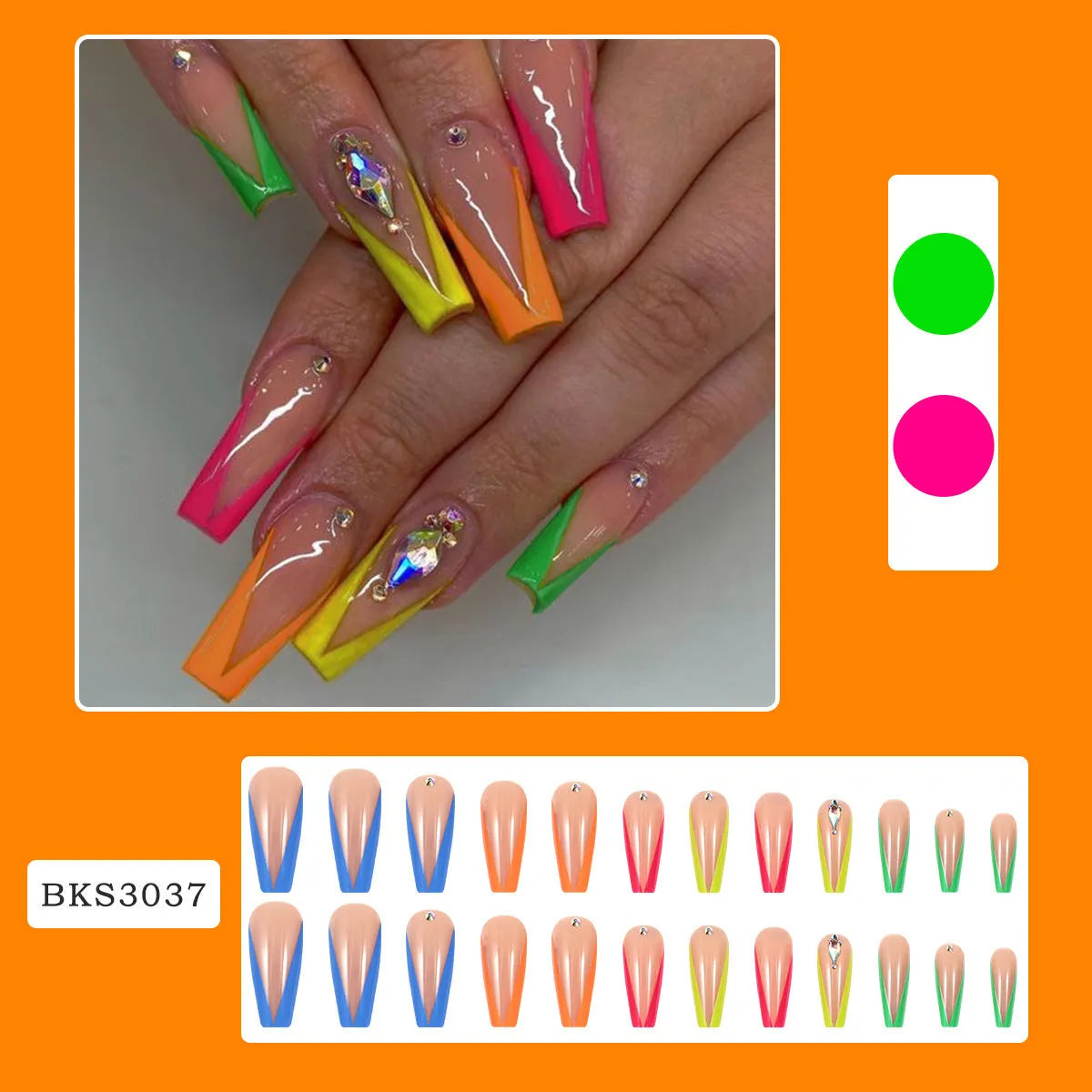 Detachable false nail tips with diamond colour French finish and red cartoon cross-heart pattern.