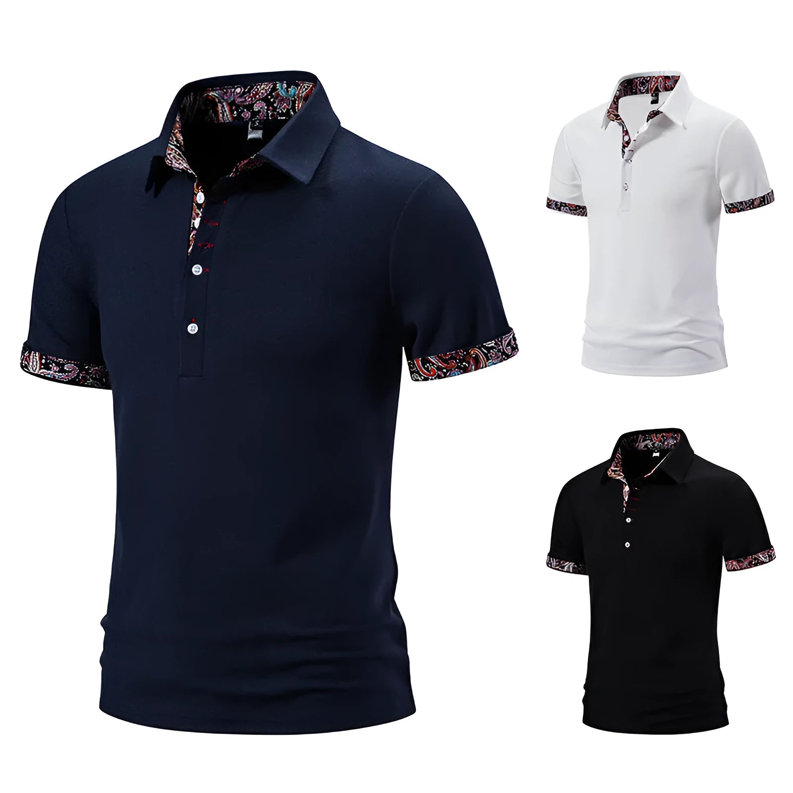 Men's white polo shirt with colour stitching detail on the turnover collar and short sleeves.