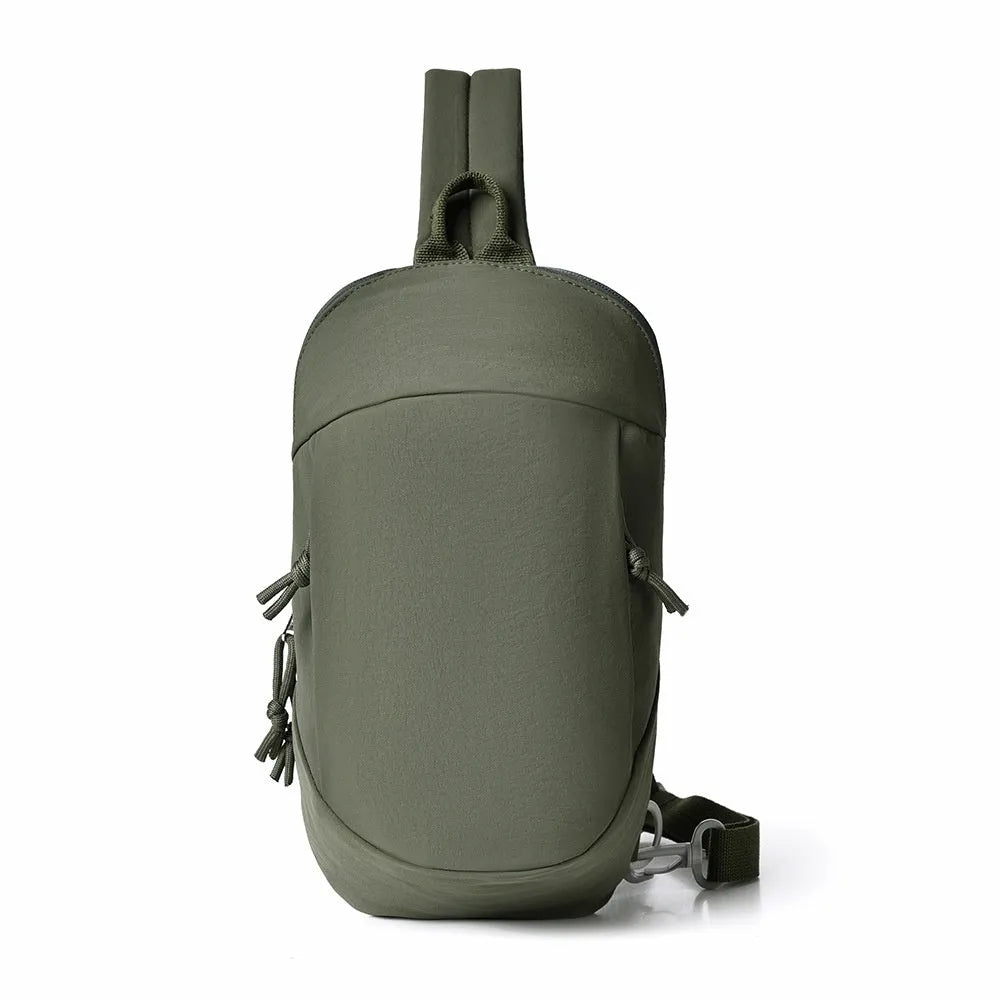 Nylon outdoor crossbody chest bag in army green with an internal phone compartment.