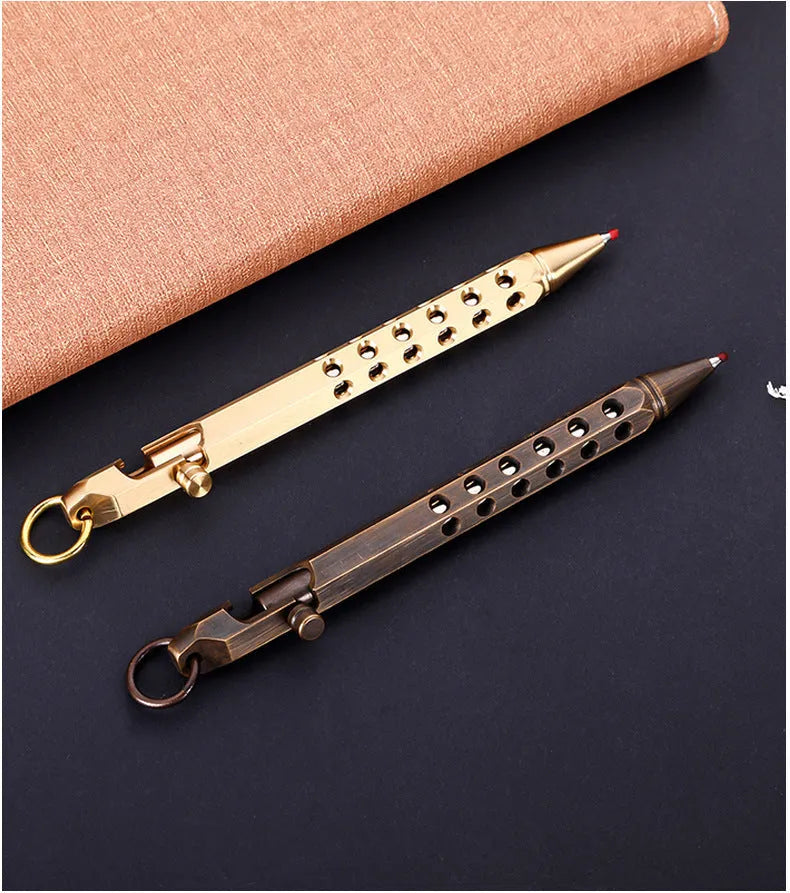 Brass hexagonal bolt action pen showing six-sided barrel and bolt mechanism in natural brass finish
