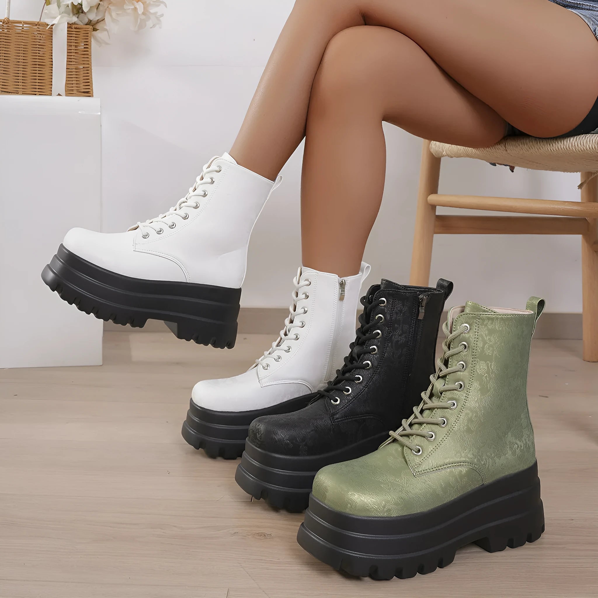 Women's black platform Martin boots with chunky heel and side zipper on a white background.