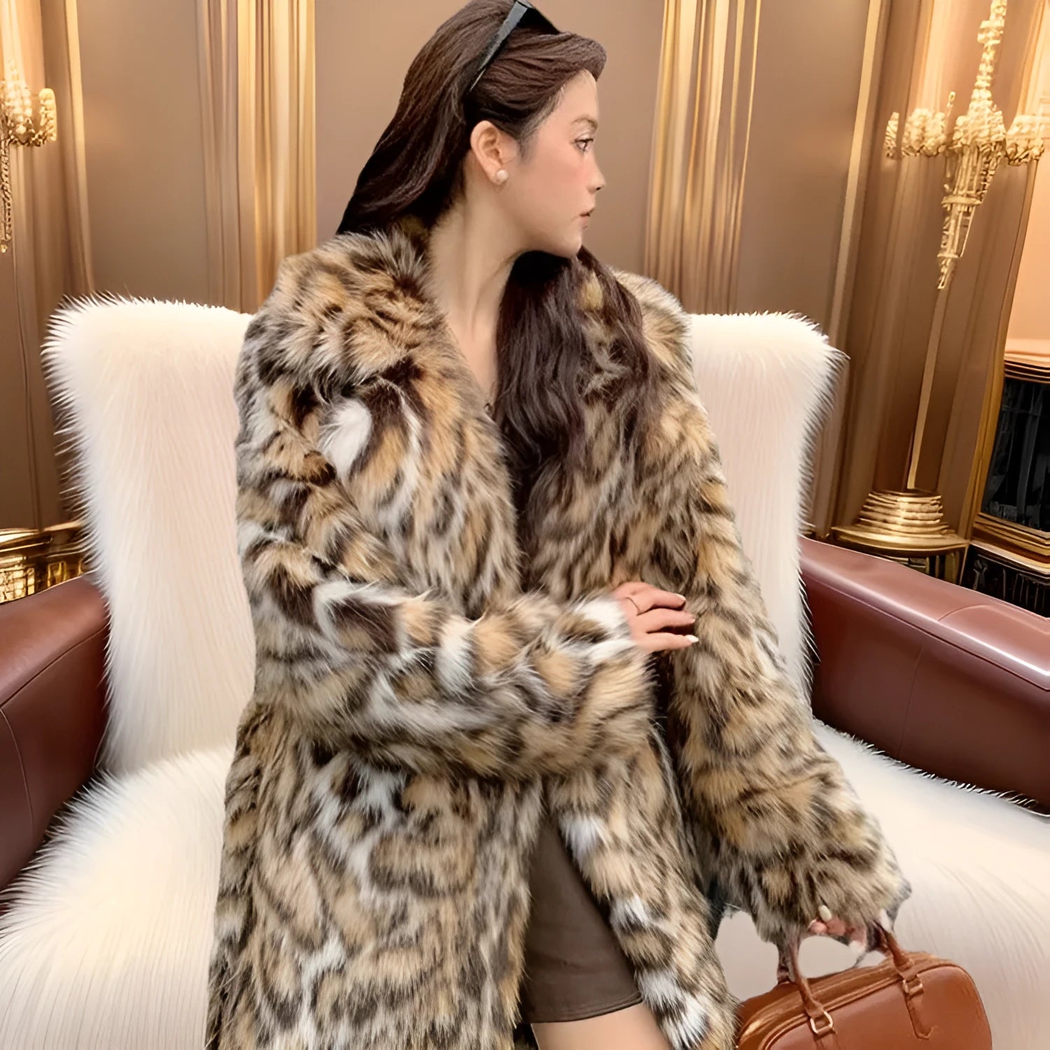 Artificial faux fur fashion coat with fur collar and pockets in 80cm length