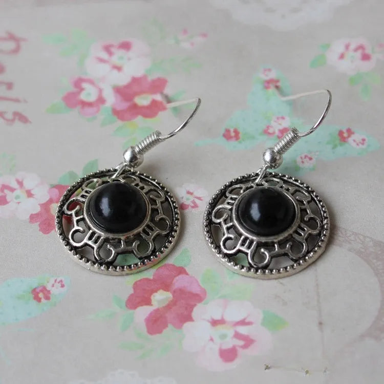 Miao silver retro geometric turquoise flower disk earrings with ethnic patterns in Tibetan silver