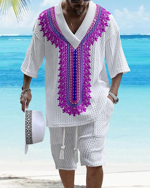 Men's knitted short-sleeved shorts suit in drop-shoulder design with matching printed shorts