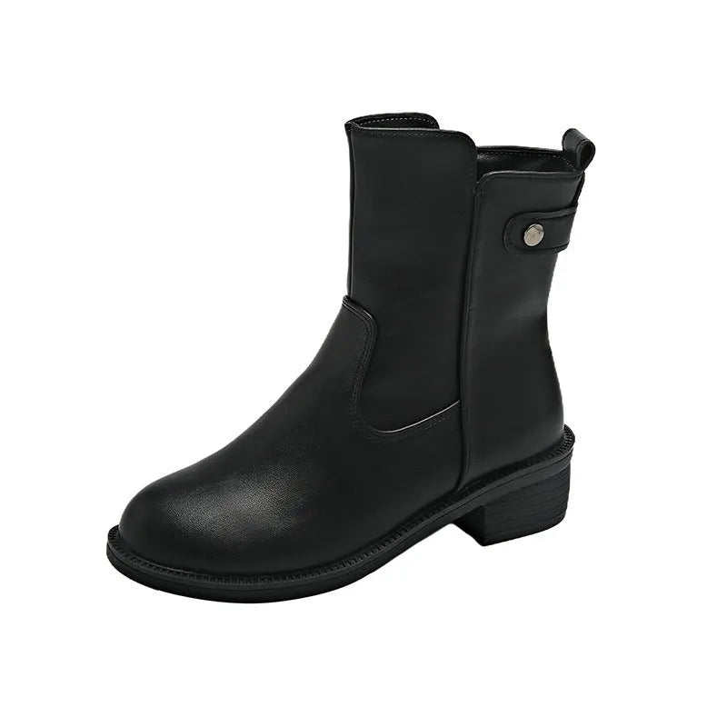 Women's black low heel ankle boots with side zip and round toe