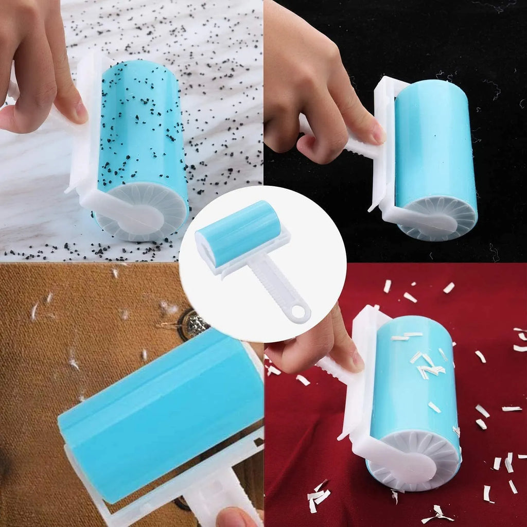 Blue washable reusable lint roller with protective cover for removing pet hair from clothes