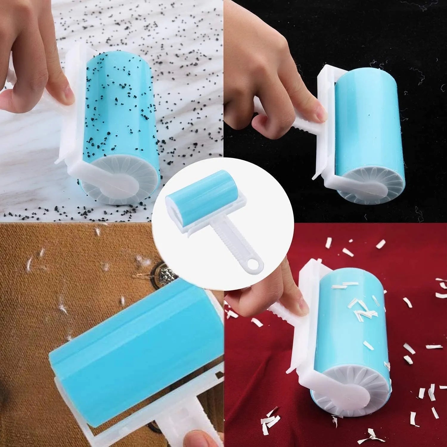 Blue washable reusable lint roller with protective cover for removing pet hair from clothes