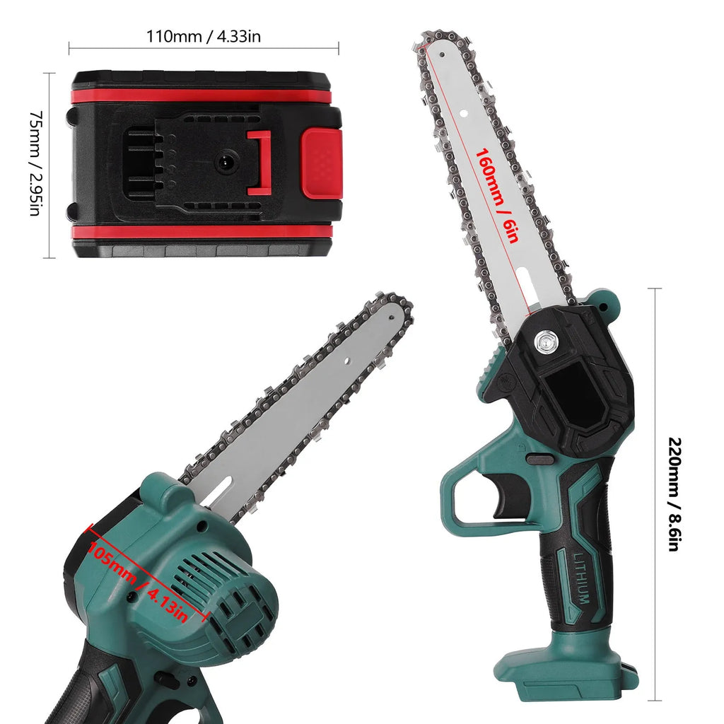 Black one-handed mini electric chainsaw with a 4-inch guide bar and lithium battery pack.