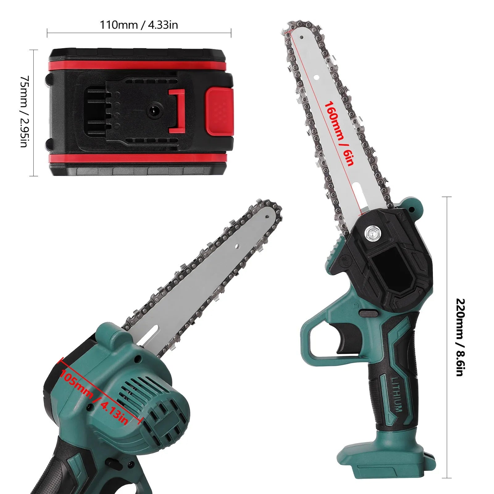 Black one-handed mini electric chainsaw with a 4-inch guide bar and lithium battery pack.