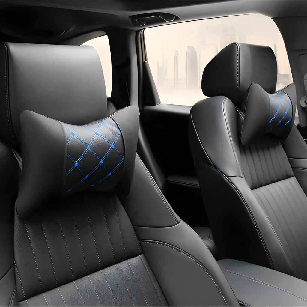Quilted leather car headrest pillow with diamond pattern and contrast stitching for cervical support