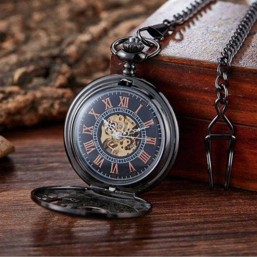 Retro automatic mechanical pocket watch with floral print hollow dial and transparent case back.