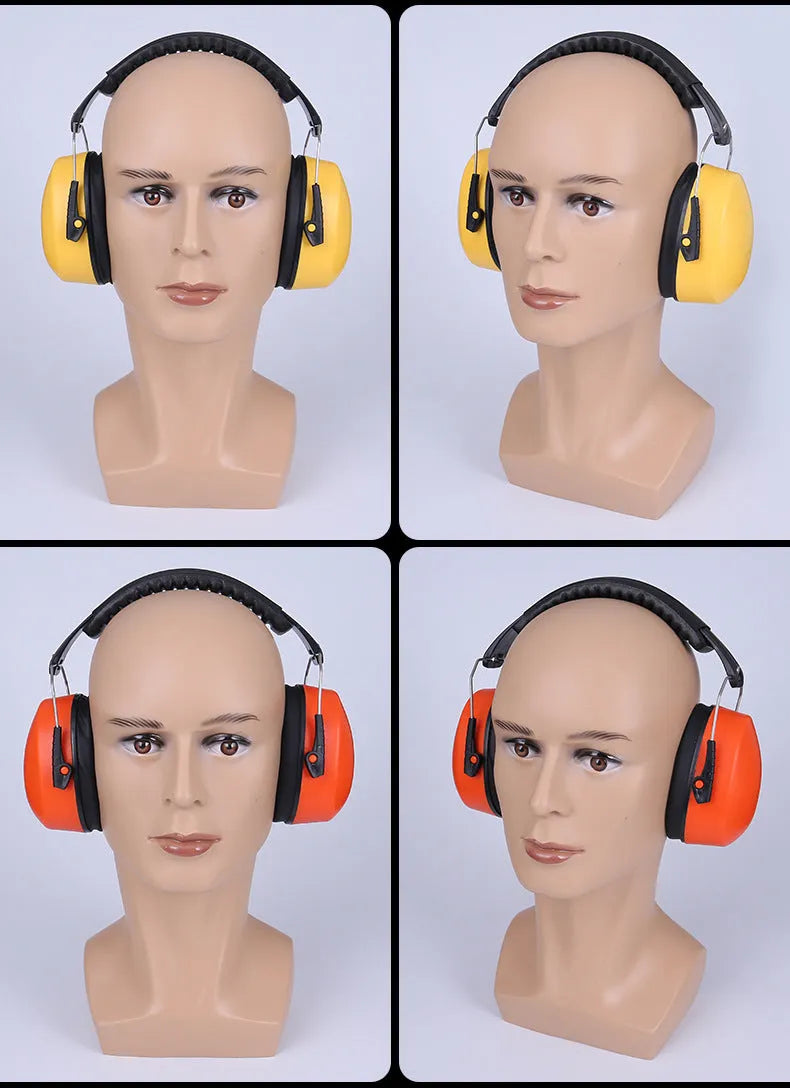 Orange head-mounted noise-cancelling headphones and protective earmuffs with an adjustable elastic headband