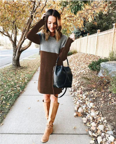 Brown women's polar fleece patchwork skirt dress with collage stitching and long sleeves
