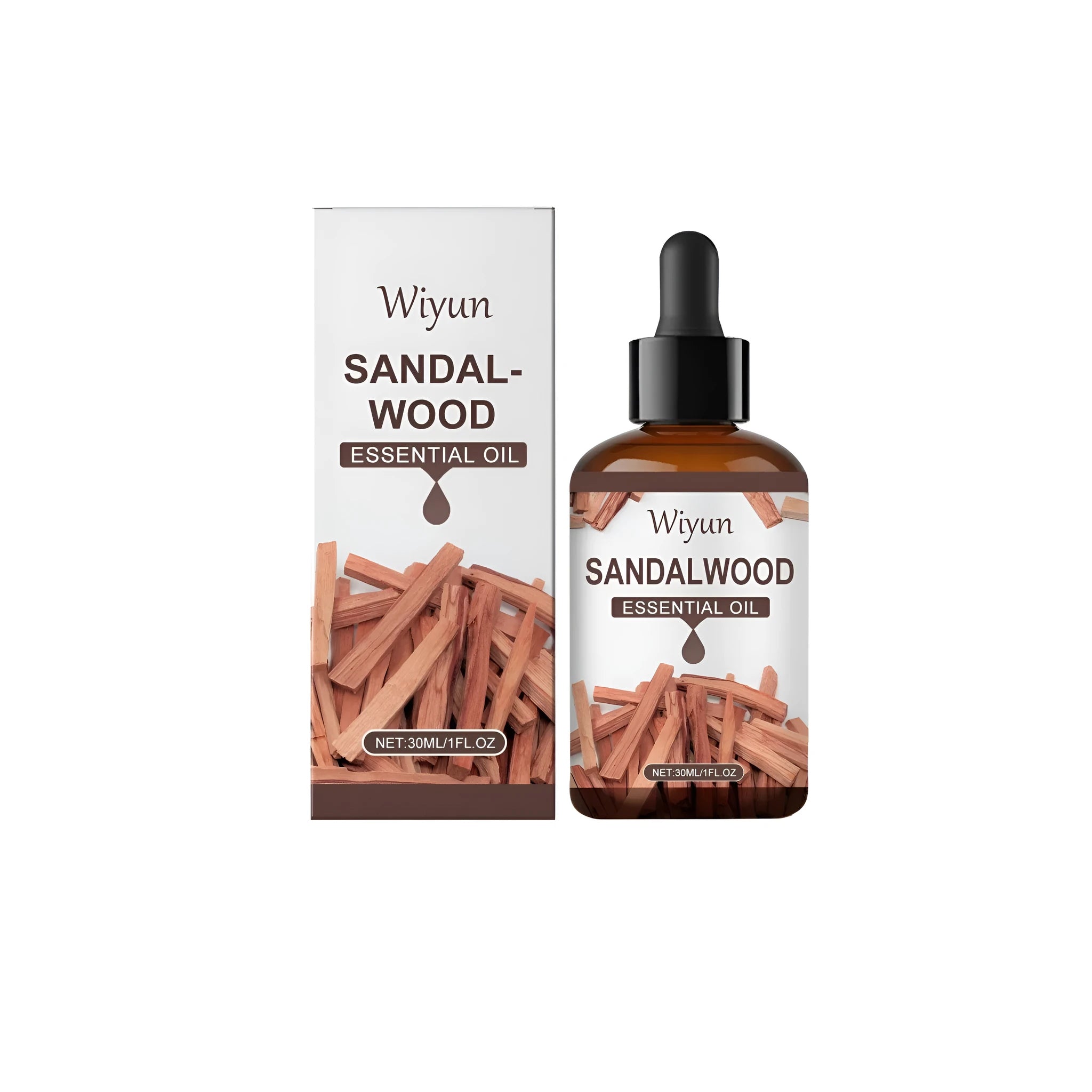 30ml glass bottle of amber-coloured sandalwood fragrance essential oil blend.