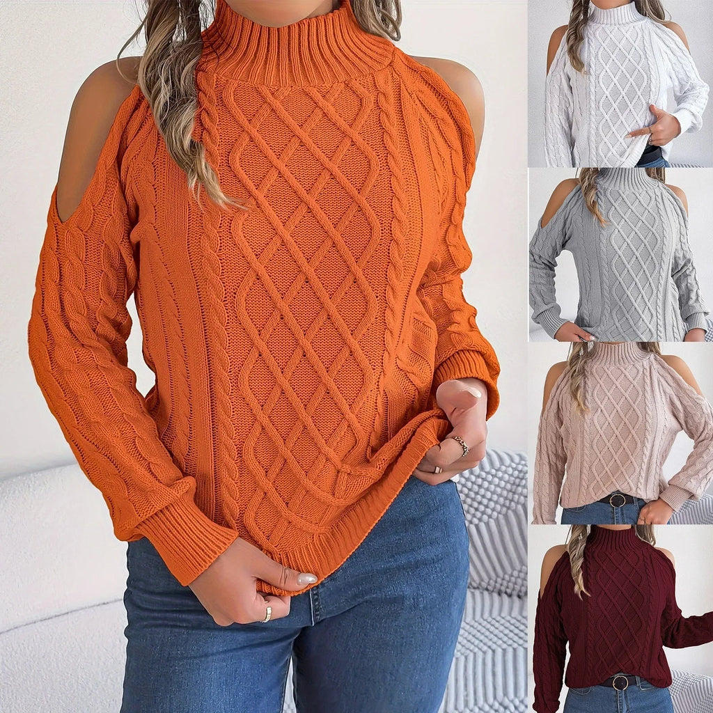 Women's strapless grey acrylic sweater with lantern sleeves and twisted pattern detail