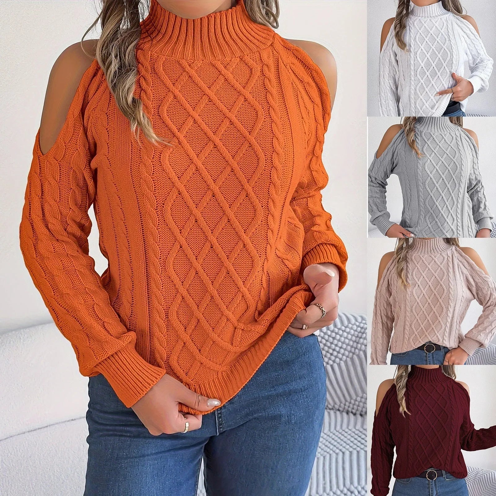 Women's strapless grey acrylic sweater with lantern sleeves and twisted pattern detail
