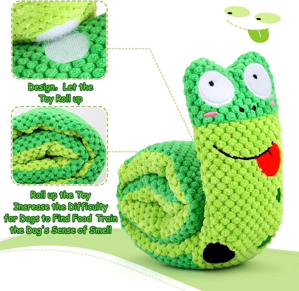 Shape-changing dog puzzle toy shown as a snail and a stick, with hidden food holes and a squeaker.