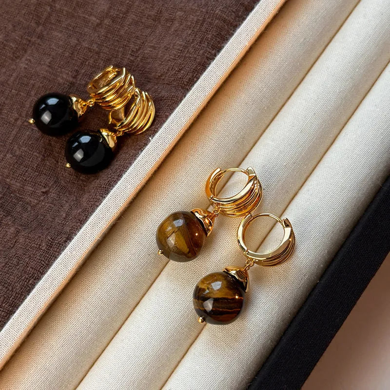 Geometric Tigereye stone earrings with gold plating in brown and black colour options